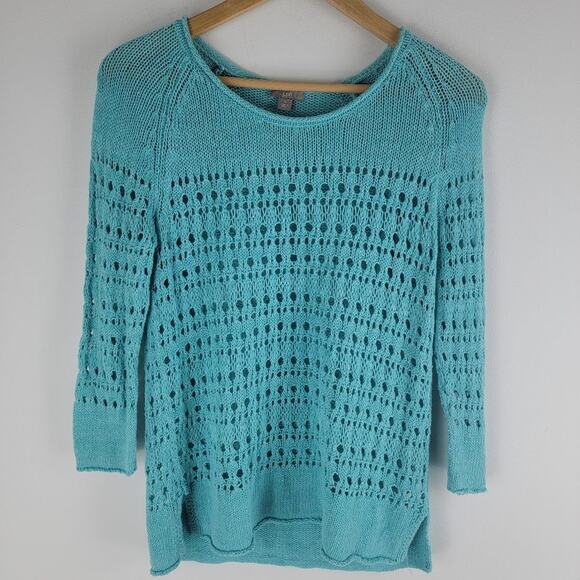 J Jill Open Knit Sweater Long Sleeve Linen Cotton Blue Size  S - Picture 1 of 5